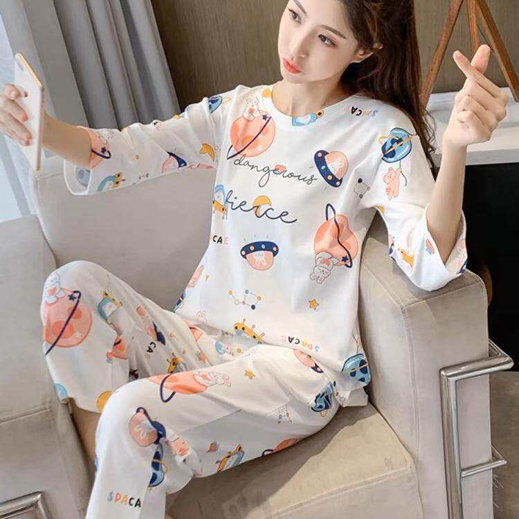 纯棉七分袖睡衣女款家居服套装
