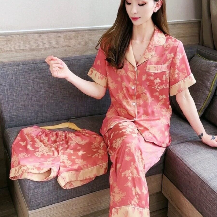 夏天睡衣女2025新款春秋流行短袖短裤长裤高级感开衫三件套家居服