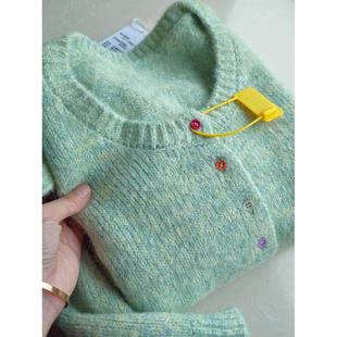 羊毛混纺花纱彩色单排扣圆领针织开衫毛衣外套女秋冬45604