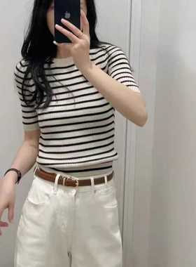 日单女装精纺美利奴套头罗纹修身圆领条纹针织衫5分袖毛衣L472272