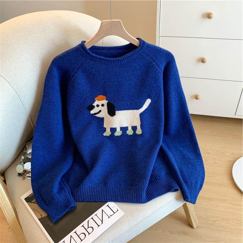 【现货】卡通小狗秋冬新款卷边上衣女圆领宽松减龄显瘦套头针织衫