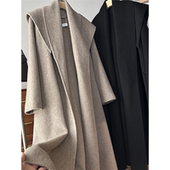 ow荃羊毛双面呢蝴蝶结领连帽系带大衣外套女 Chunxi 肯豆同款