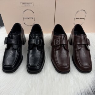 女鞋 乐福鞋 88225 03英伦风复古时髦金属扣带方头粗跟皮鞋 M0303