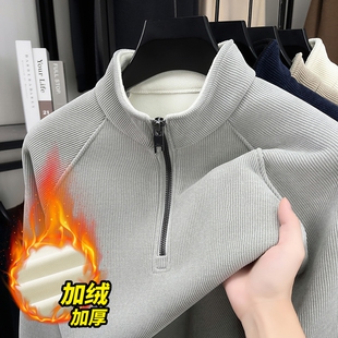 加绒加厚卫衣男款拉链半高领套头上衣服冬季青年纯色百搭立领t恤