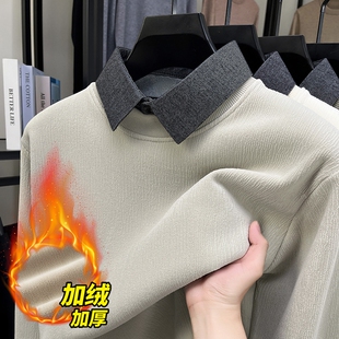 丝绒衬衫领假两件卫衣男款加绒加厚秋冬季中年纯色百搭上衣服内搭