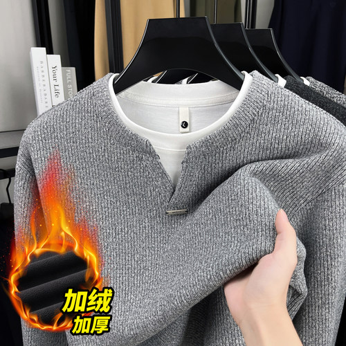 时尚新款男士加绒加厚假两件卫衣