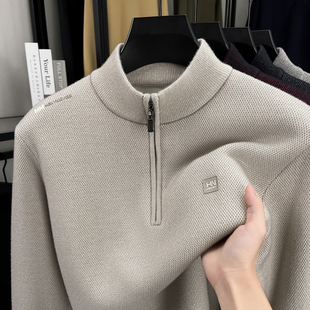 一体绒半拉链立领针织毛衣男士加绒加厚保暖线衣纯色打底衫上衣潮