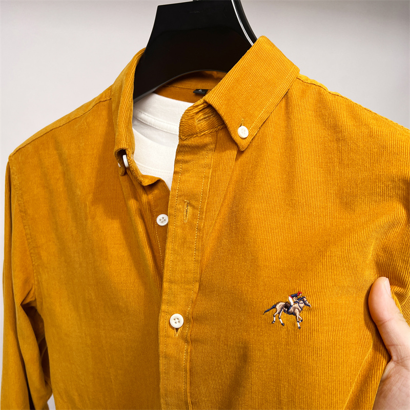 100%纯棉男士灯芯绒衬衫长袖中青年刺绣休闲全棉条绒加大码衬衣潮
