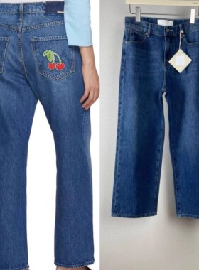 mo25新款美式高腰樱桃刺绣蓝色宽松直筒露脚踝九分牛仔裤显高显瘦