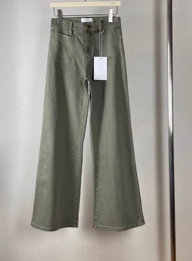 复古显瘦卡其绿色FD25秋法式高腰前口袋直筒微喇叭牛仔裤长裤子