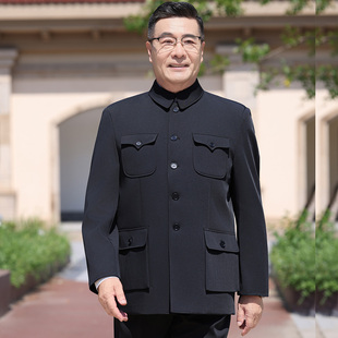老爸吉祥黑色中山装套装男士翻领多口袋爸爸装中老年春秋冬季外套