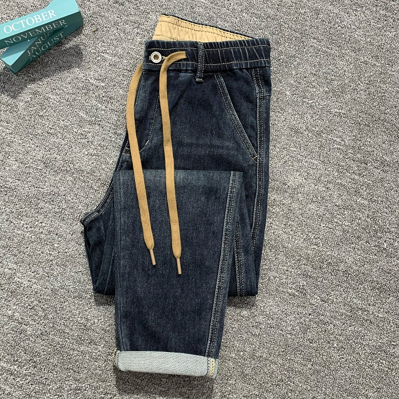 男士牛仔裤2023春秋爆款松紧腰抽绳韩版水洗复古弹力柔软修身长裤