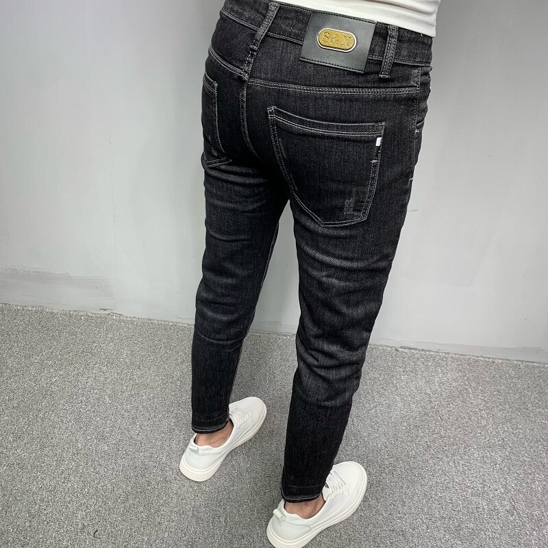 夏季薄款男士九分牛仔裤弹力修身小脚裤潮流百搭时尚休闲黑色长裤