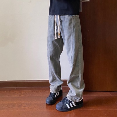 美式高街复古做旧抽绳牛仔裤男款