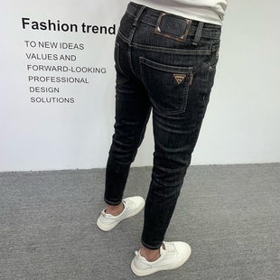 牛仔裤男款2025秋冬黑色潮牌修身显瘦高端刺绣小脚休闲弹力九分裤
