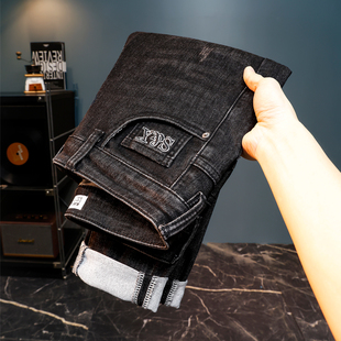 高端轻奢加绒牛仔裤男款冬季潮牌刺绣修身九分裤弹力休闲百搭裤子