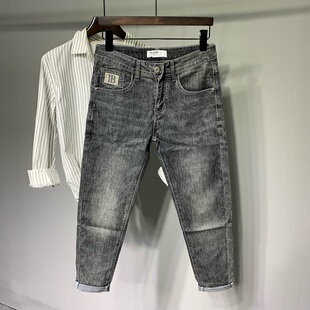 新款 2023年夏季 黑灰色韩版 刺绣修身 潮流牛仔裤 小脚弹力九分裤 男士