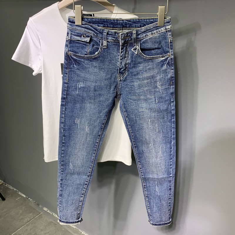 男士牛仔裤春夏复古蓝色九分裤潮