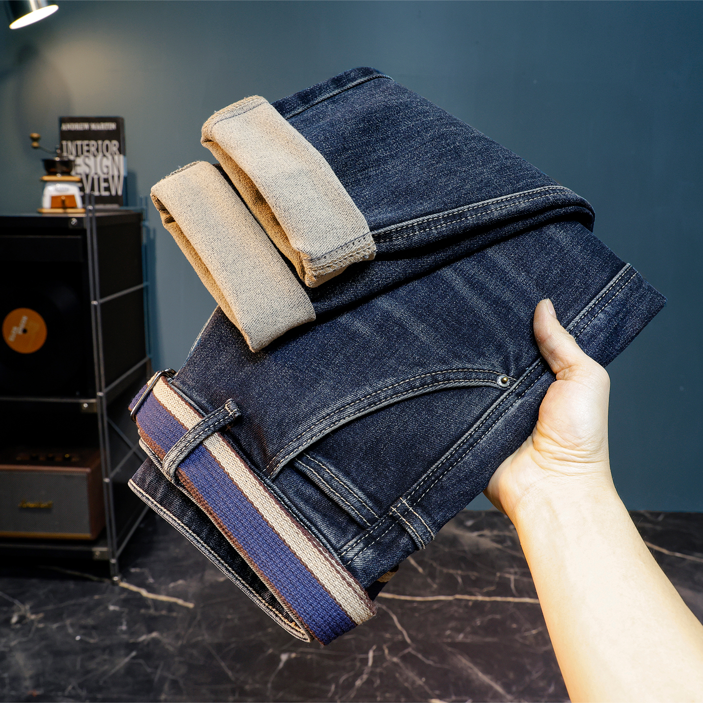 加绒加厚牛仔裤男斜口袋小脚裤子