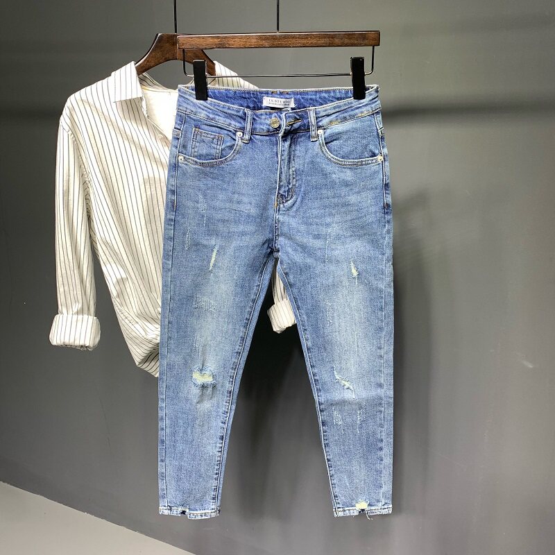 牛仔裤男夏季新款潮流破洞乞丐裤修身小脚弹性百搭时尚休闲九分裤