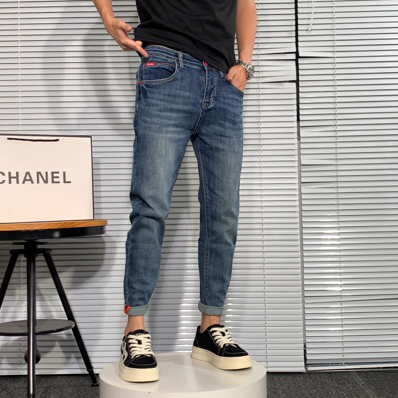 秋冬九分牛仔裤做旧弹力修身百搭