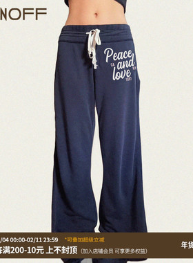FUNOFF 美式复古蓝色绑带字母印花针织裤运动风宽松直通休闲长裤