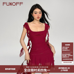 FUNOFF 女春夏短裙 度假酒红色方领飘带不规则网纱吊带连衣裙新款