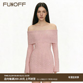 FUNOFF复古藕粉色一字肩麻花毛衣长袖 连衣裙简约米白色修身 包臀裙