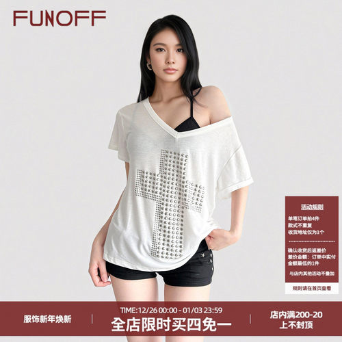 美式复古V领斜肩烫钻宽松短袖T恤