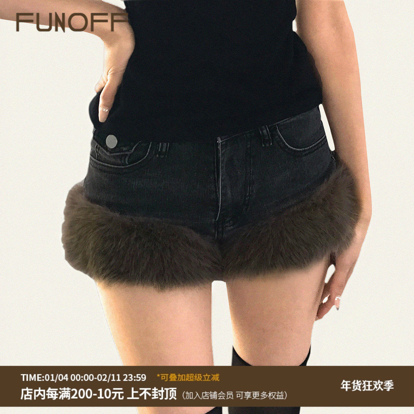 FUNOFF 美式复古做旧黑色多口袋毛边牛仔短裤女轻亚低腰修身热裤