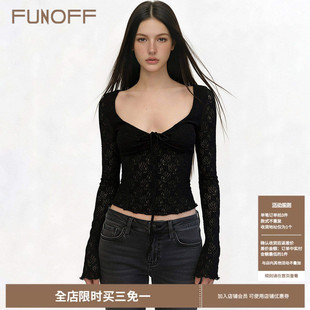 T恤春性感透视修身 复古黑色蕾丝褶皱低胸长袖 收腰上衣 法式 FUNOFF