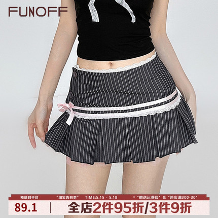 FUNOFF 时髦书呆子#少女感条纹蝴蝶结黑粉撞色百褶裙复古半身短裙