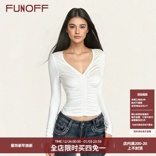T恤街头性感低胸收腰打底上衣女 简约白色V领褶皱长袖 FUNOFF 美式
