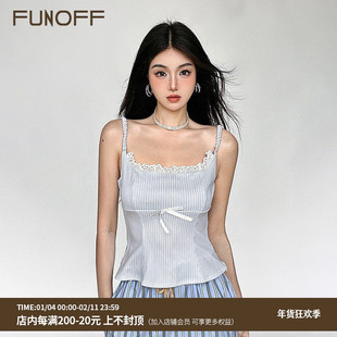FUNOFF 法式bm风蓝色条纹蕾丝拼接吊带背心小清新收腰蝴蝶结上衣