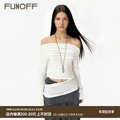 纯欲性感镂空褶皱一字肩长袖 FUNOFF 美式 T恤简约百搭露腰打底上衣