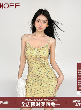 FUNOFF法式度假bm黄色碎花吊带连衣短裙田园度假风修身收腰包臀裙