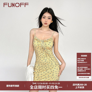 FUNOFF法式 收腰包臀裙 度假bm黄色碎花吊带连衣短裙田园度假风修身