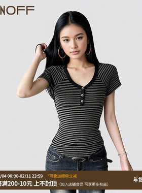 FUNOFF 美式复古黑灰条纹排扣插肩短袖T恤2025夏简约基础收腰上衣