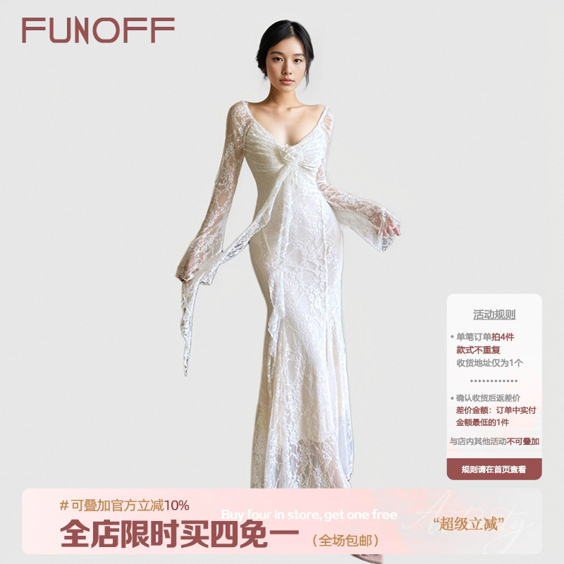 法式复古白色玫瑰喇叭长袖连衣裙