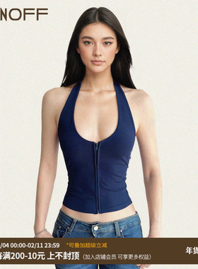 FUNOFF 美式复古深蓝色挂脖拉链吊带背心运动风性感低胸收腰上衣