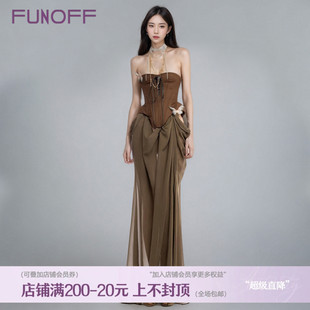 复古度假风绑带束腰抹胸连衣裙古着感可拆卸露腰拖地长裙 FUNOFF