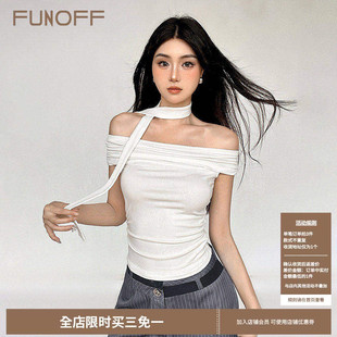 露锁骨性感针织上衣 T恤女打结两穿修身 FUNOFF 简约一字肩白色短袖