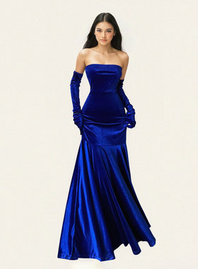FUNOFF 复古蓝色丝绒抹胸包臀鱼尾裙年会性感修身收腰连衣长裙女