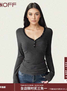 FUNOFF 美式复古深灰色条纹V领长袖T恤秋简约百搭收腰显瘦上衣女