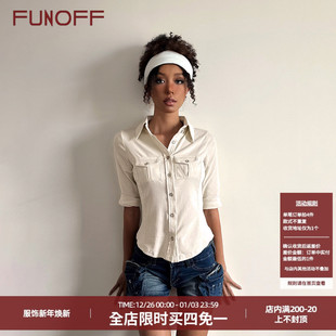 风收腰衬衫 FUNOFF 工装 复古米白色口袋POLO领五分短袖 上衣女 美式