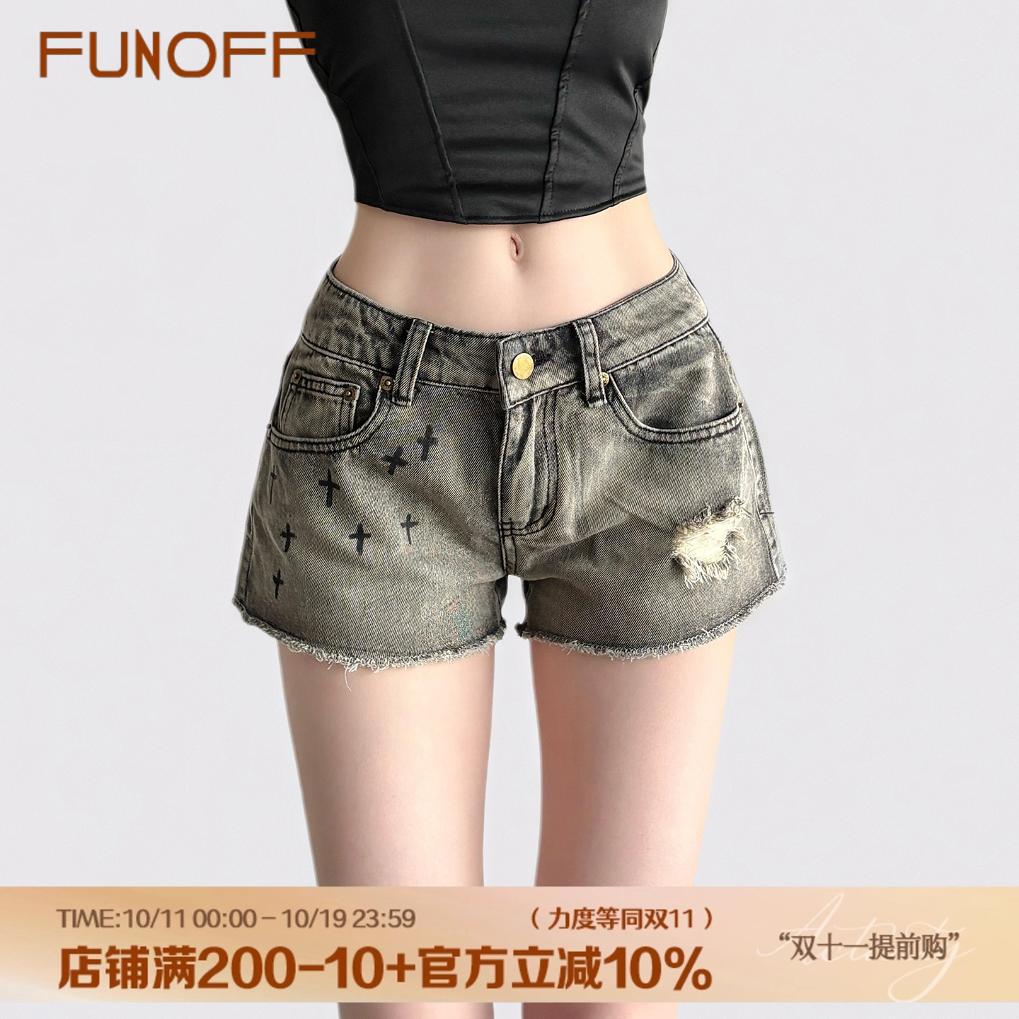 FUNOFF 美式复古十字架印花破洞牛仔短裤夏辣妹毛边口袋显瘦热裤