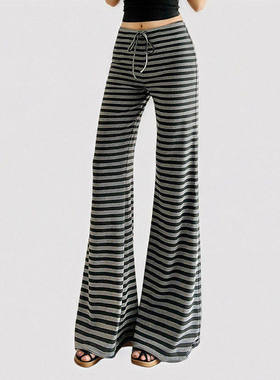 FUNOFF 美式复古撞色条纹绑带针织休闲长裤运动风微喇居家遛弯裤