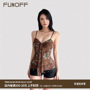FUNOFF 复古vintage棕色印花飘带吊带背心性感紫露背网纱收腰上衣