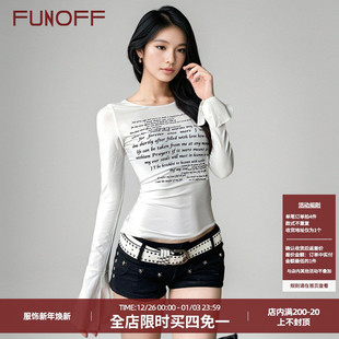 收腰上衣女 T恤2025春百搭喇叭袖 FUNOFF 简约基础字母印花白色长袖
