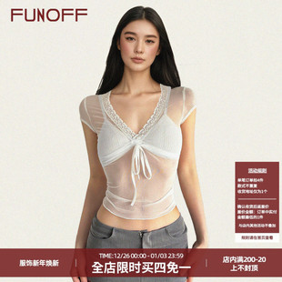 露脐上衣 T恤2025夏透视修身 FUNOFF 性感白色蕾丝V领绑带网纱短袖